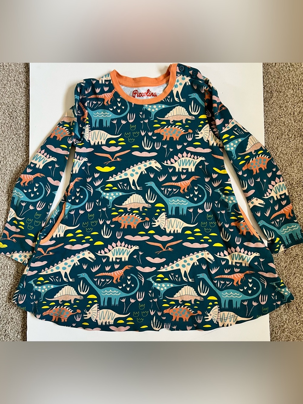 Girls' Teal Dinosaur Print Dress - Long Sleeve